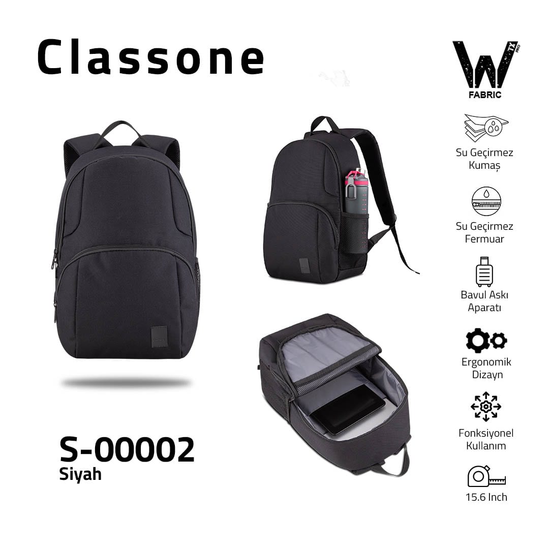 Classone S-00002 WTXpro Su Geçirmez Kumaş 15, 6 İnch Sırt Çantası-siyah