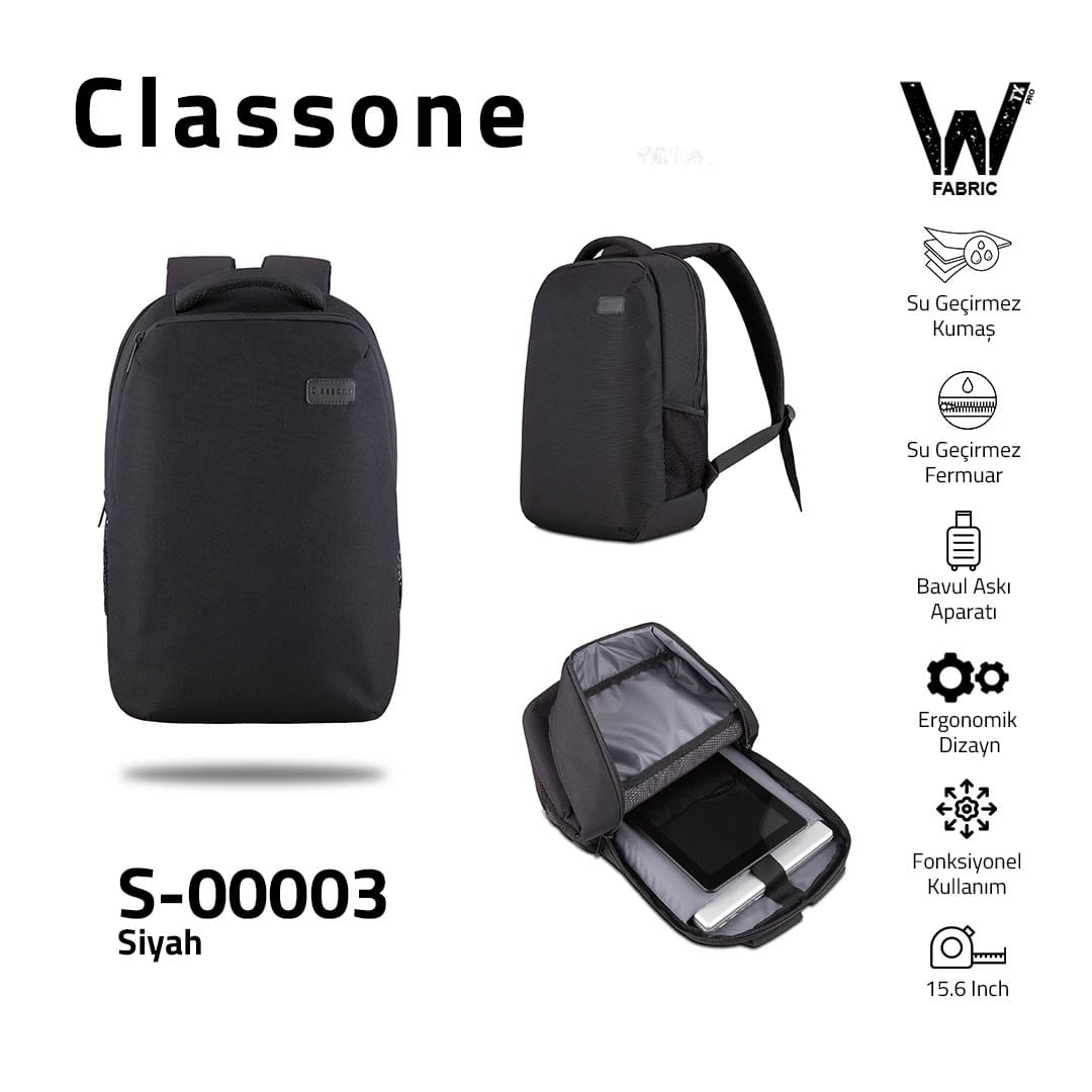 Classone S-00003 WTXpro Su Geçirmez Kumaş 15, 6 İnch Sırt Çantası-siyah