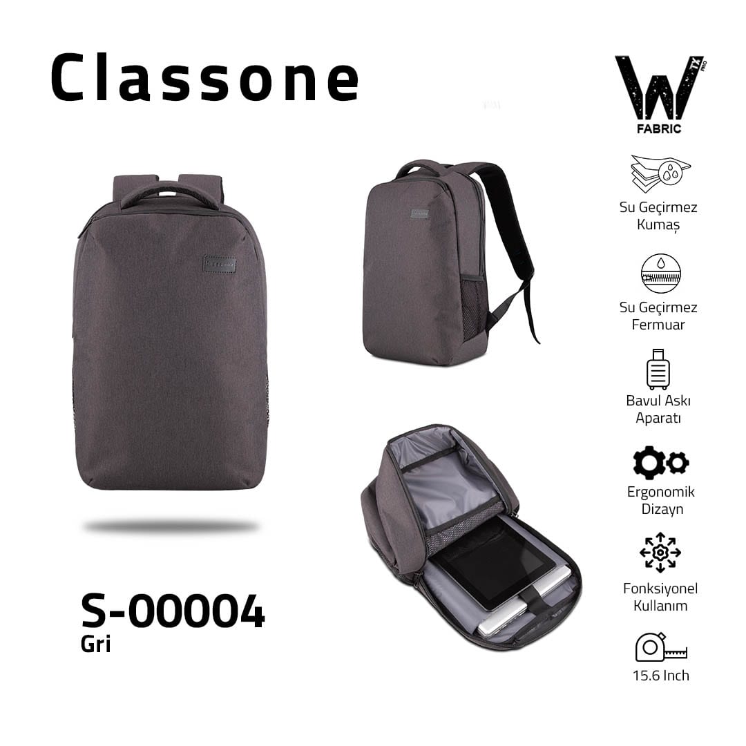 Classone S-00004 WTXpro Su Geçirmez Kumaş 15, 6 İnch Sırt Çantası-gri