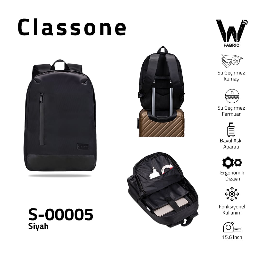 Classone S-00005 VIP Deri Detaylı Wtxpro Su Geçirmez Kumaş Ve Su Geçirmez Fermuar 15.6 İnch Uyumlu Notebook, Laptop Sırt Çantası