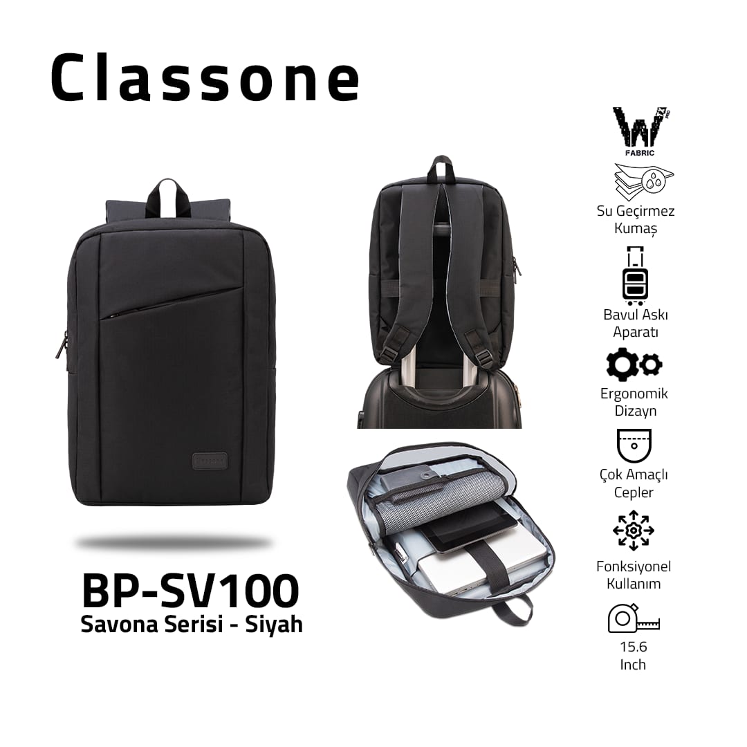 Classone Savona Serisi, BP-SV100 WTXpro Su Geçirmez Kumaş , 15.6 Sırt Notebook Çantası-siyah