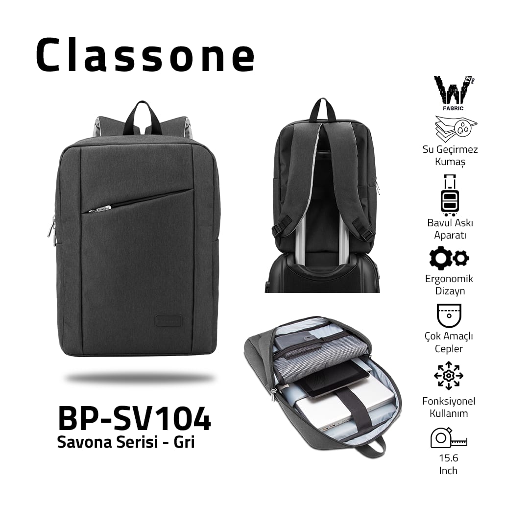 Classone Savona Serisi, BP-SV104 WTXpro Su Geçirmez Kumaş , 15.6 Sırt Notebook Çantası-gri