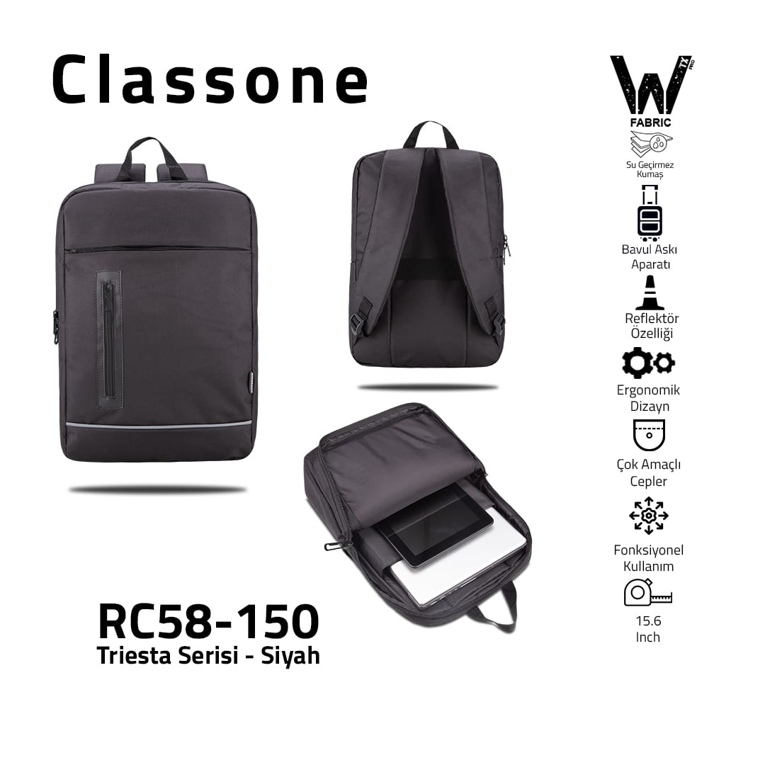 Classone Triesta Serisi RC58-150 15.6 İnch Uyumlu, WTXpro Su Geçirmez Kumaş, Macbook, Laptop , Notebook Sırt Çantası- Siyah