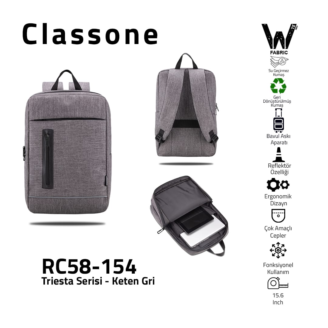 Classone Triesta Serisi, RC58-154 Geri Dönüştürülmüş Kumaş, 15.6 İnch Uyumlu Macbook, Laptop, Notebook Sırt Çantası- Keten Gri