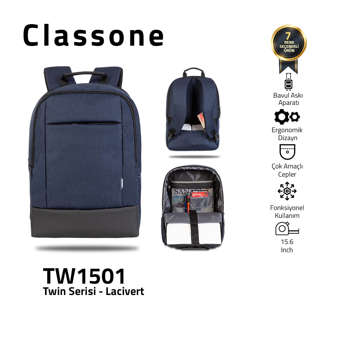 Classone TW1501 Twin Color 15.6 İnch Notebook Çantası-mavi