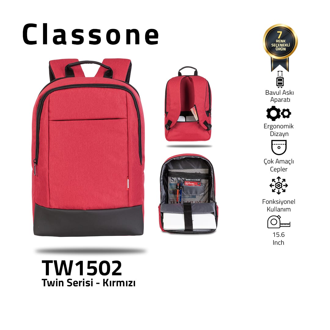 Classone TW1502 Twin Color 15.6 Sırt Notebook Çantası-kırmızı