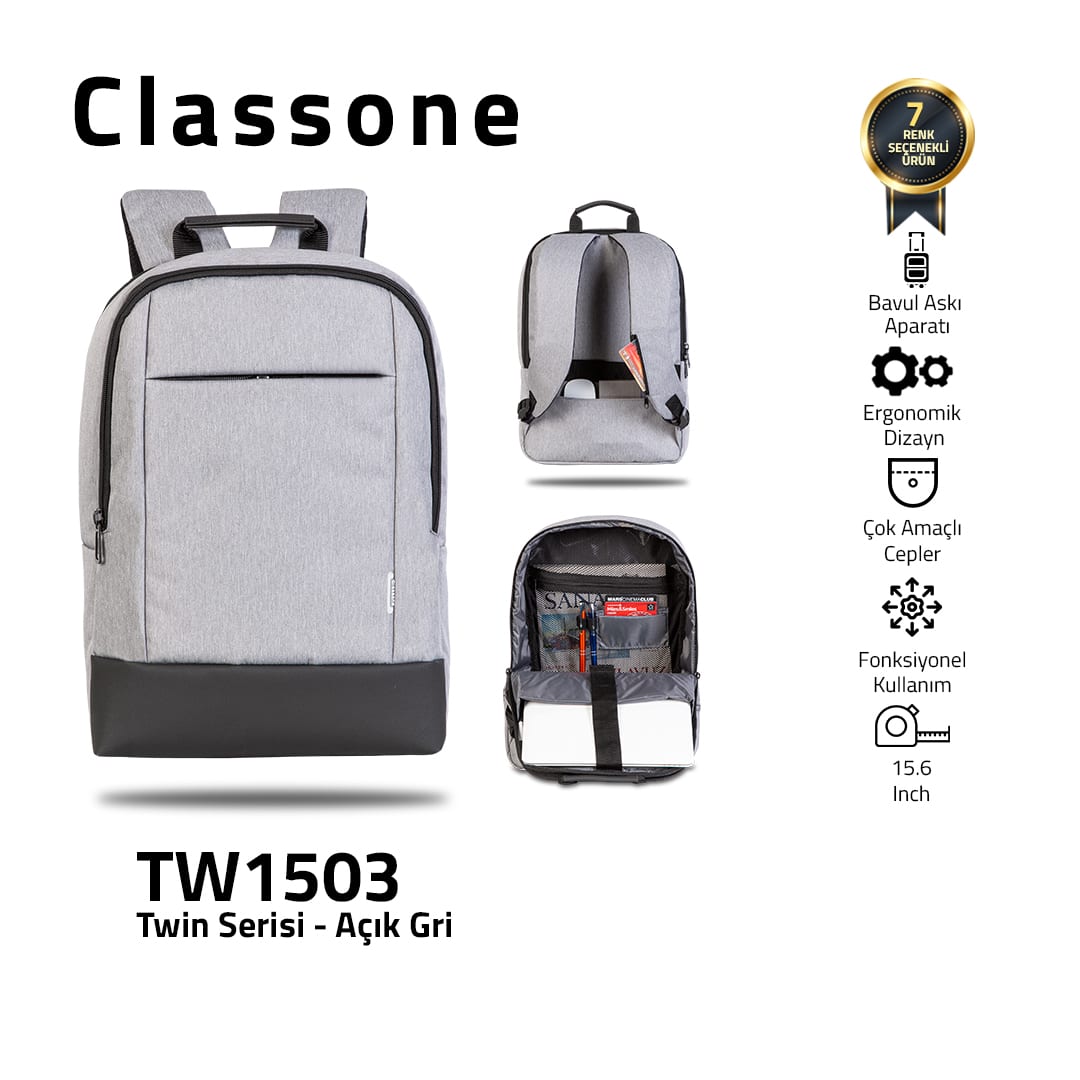 Classone TW1503 Twin Color 15.6 Sırt Notebook Çantası-açık Gri