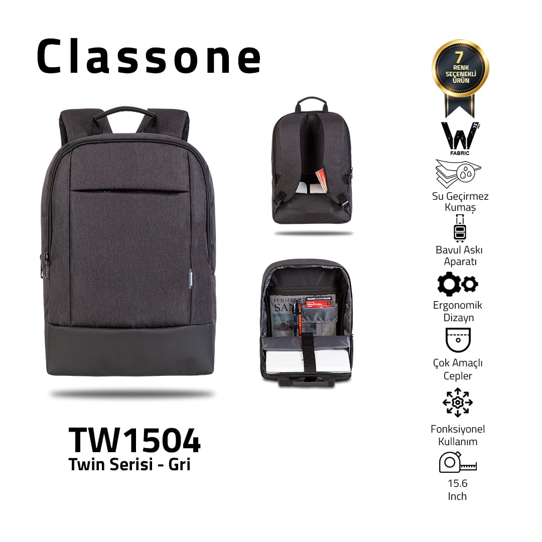 Classone TW1504 WTXpro Su Geçirmez Kumaş Twin Color 15.6 İnch Notebook Çantası-gri