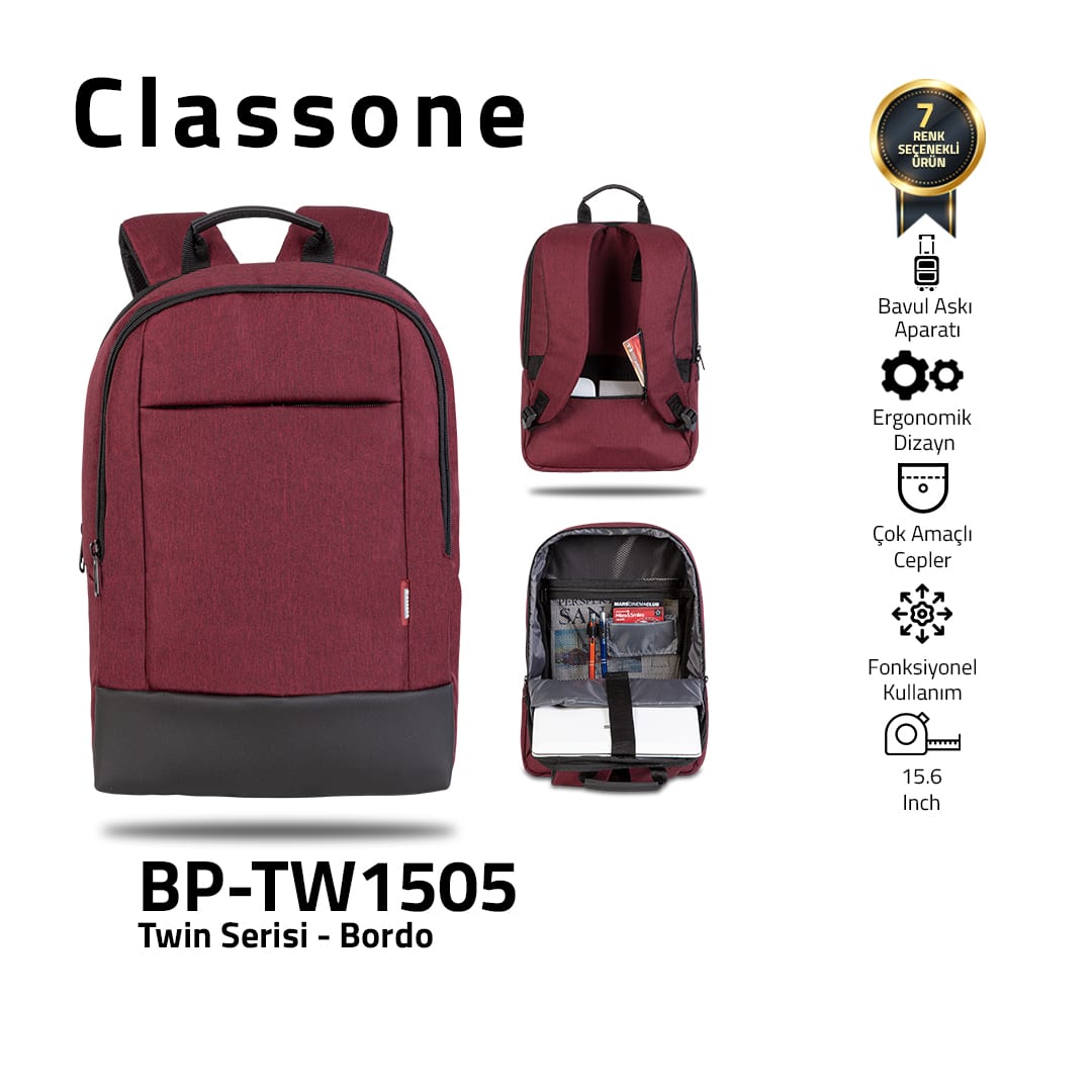 Classone TW1505 Twin Color 15.6 İnch Notebook Çantası-bordo