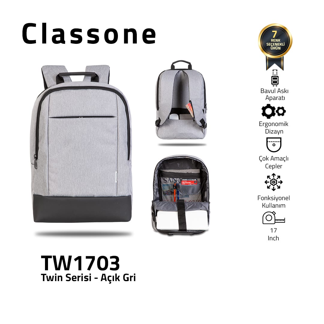 Classone TW1703 Twin Color 17 İnch Notebook Çantası- Açık Gri
