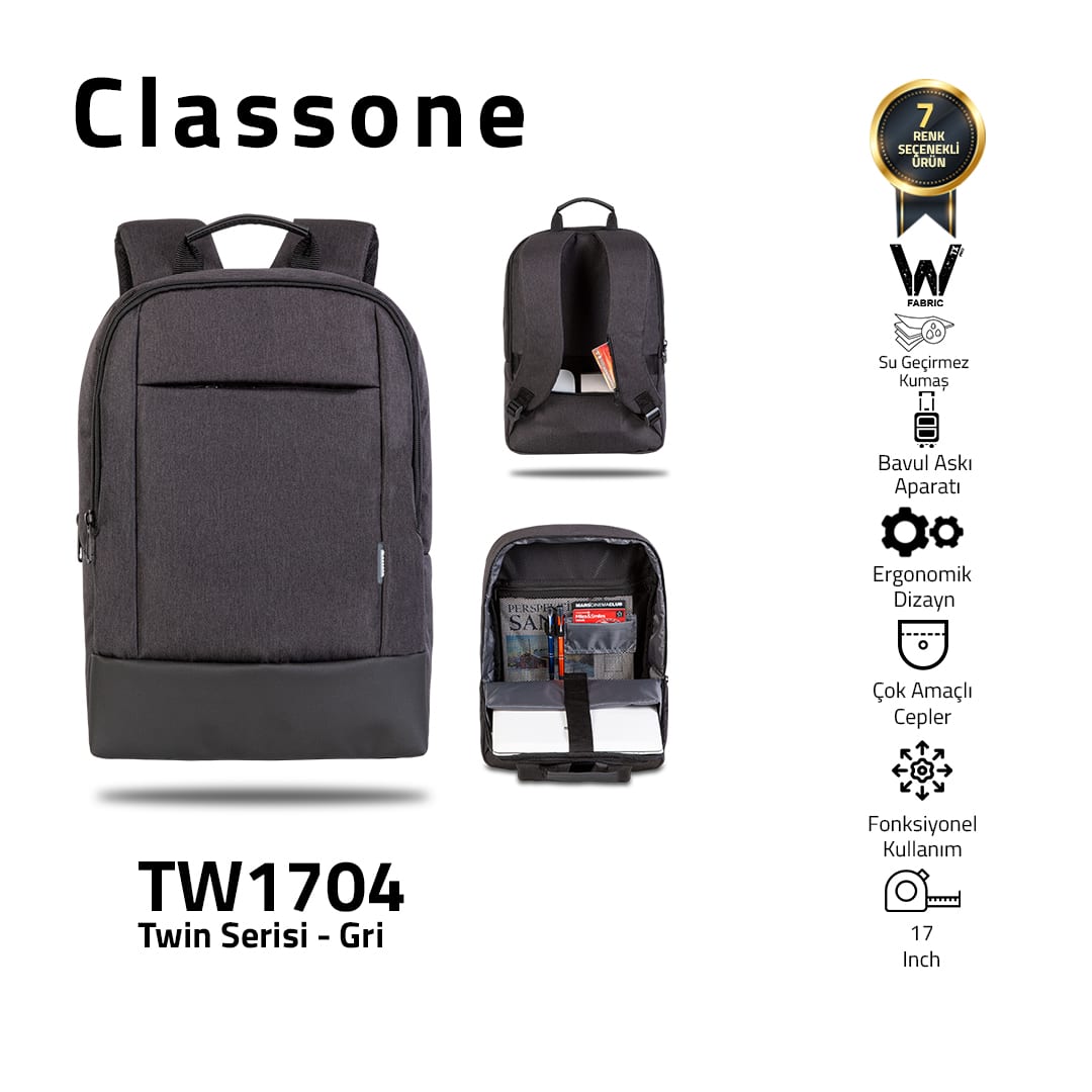 Classone TW1704 WTXpro Su Geçirmez Kumaş Twin Color 17 İnch Notebook Çantası- Gri
