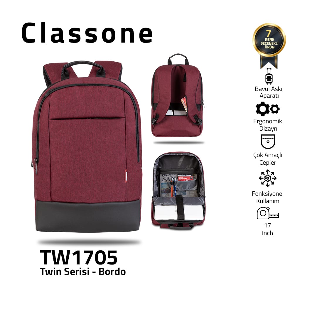 Classone TW1705 Twin Color 17 İnch Notebook Çantası- Bordo