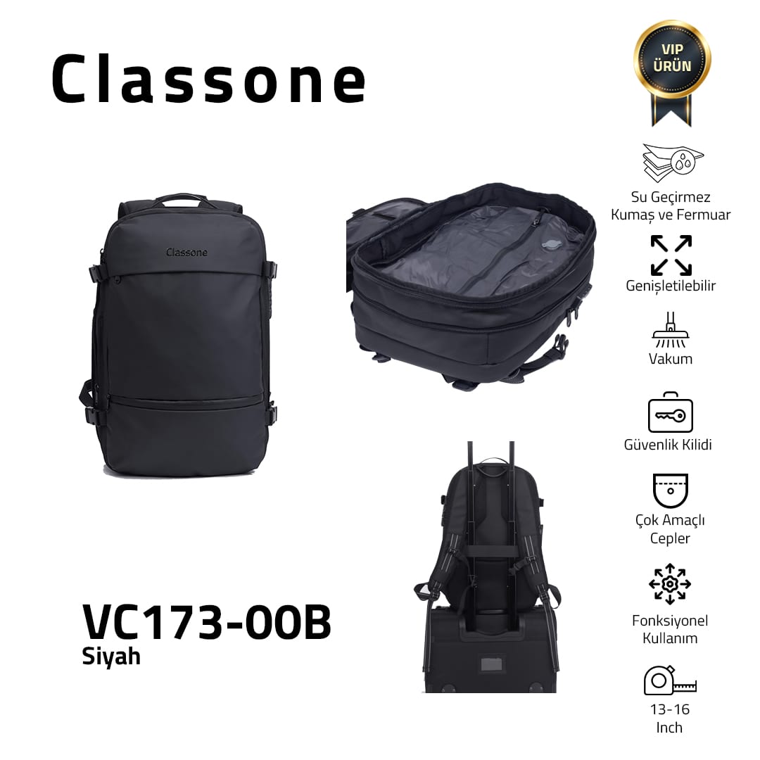 Classone VC173-00B VIP Vacum Travel Serisi 17, 3, 15.6, 14 İnch Uyumlu Laptop Sırt Çantası - Siyah
