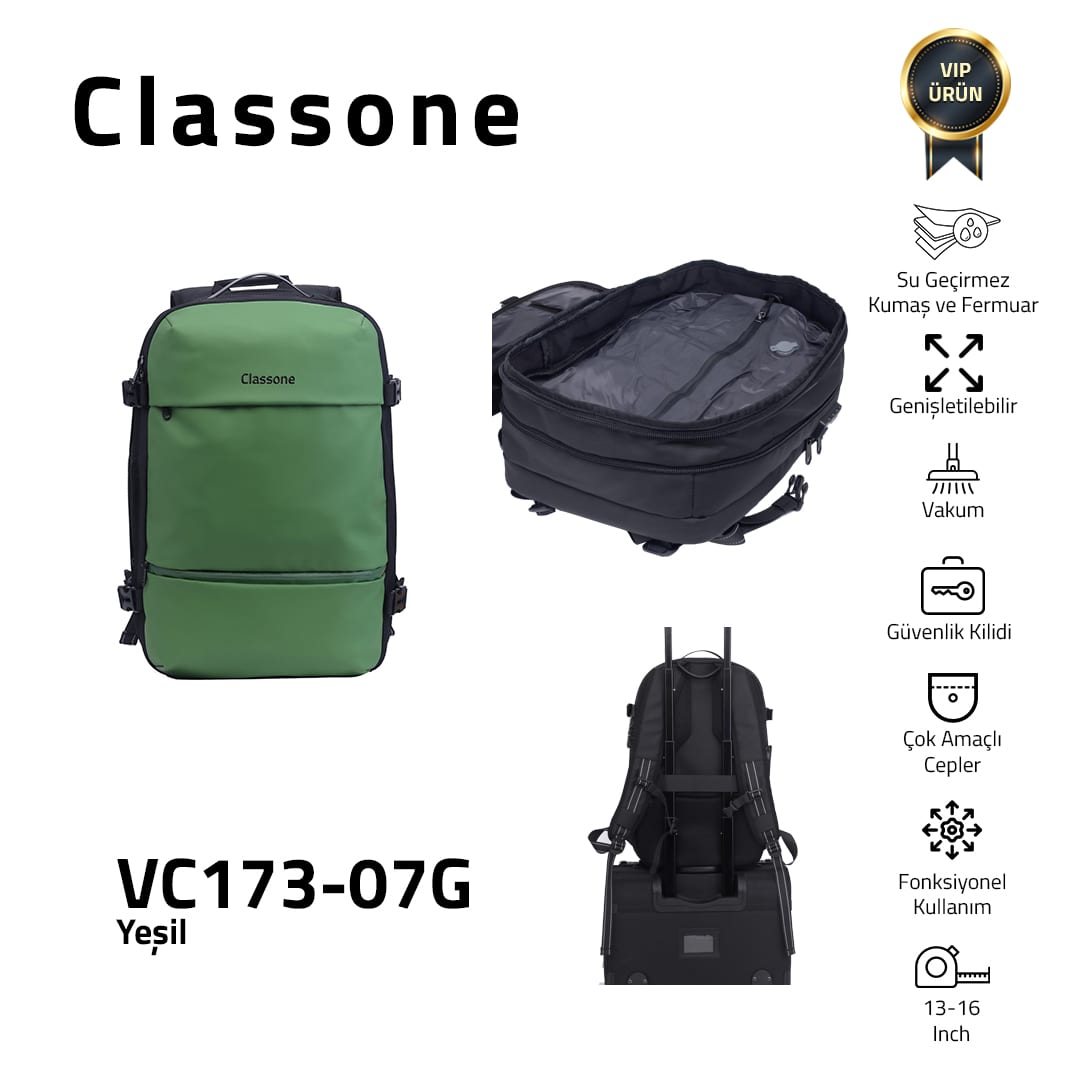 Classone VC173-07G VIP Vacum Travel Serisi 14, 15.6, 17, 3 İnç Laptop Sırt Çantası- Yeşil