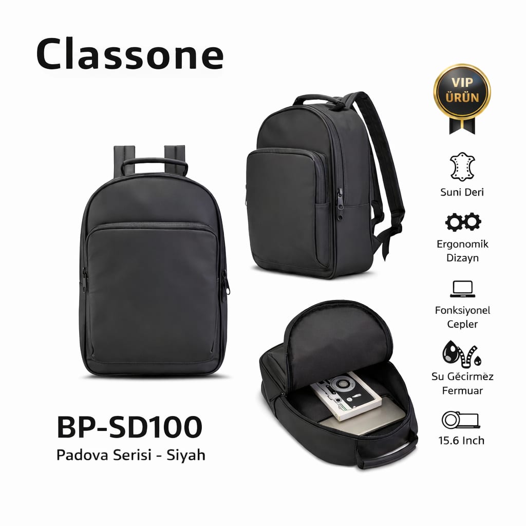 Classone VIP BP-SD100 Padova Serisi Suni Deri 15.6 İnch Uyumlu Macbook, Laptop, Notebook Sırt Çantası