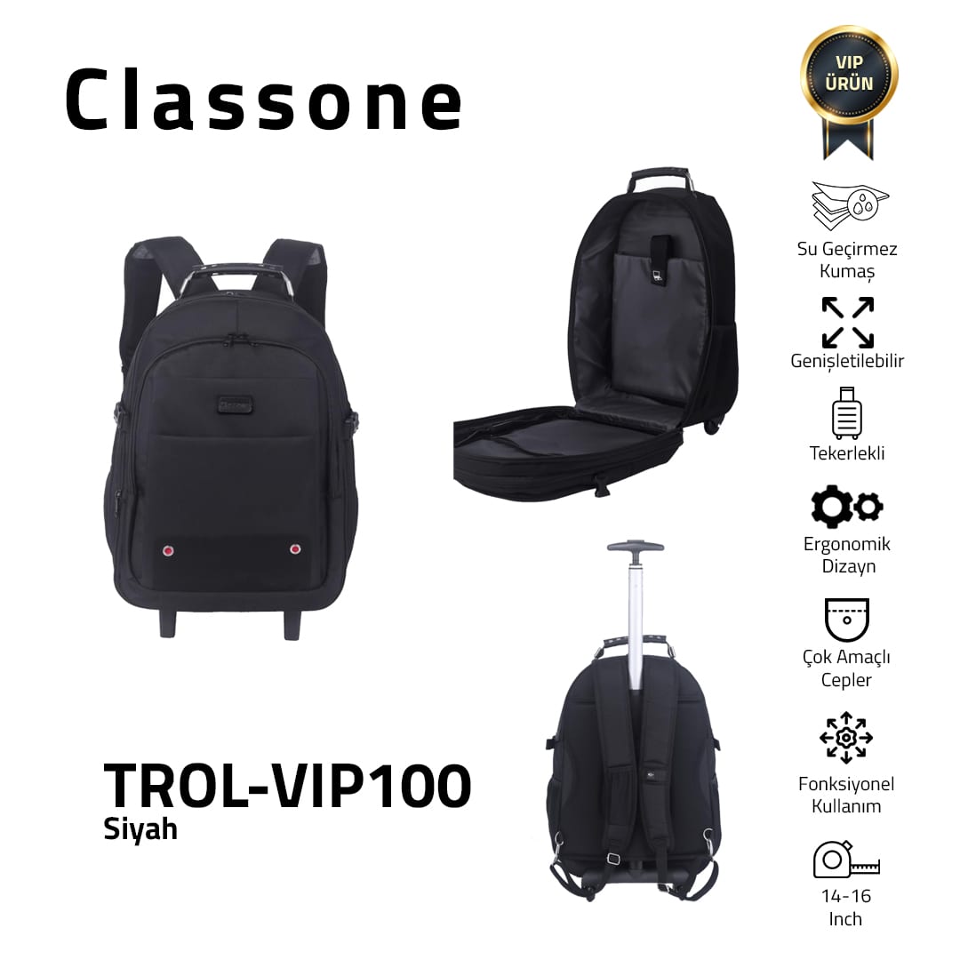 Classone VIP Travel Serisi TROL-VIP100 Tekerlekli Trolley 17, 3, 15, 6, 14 Uyumlu Sırt Laptop Çantası - Siyah