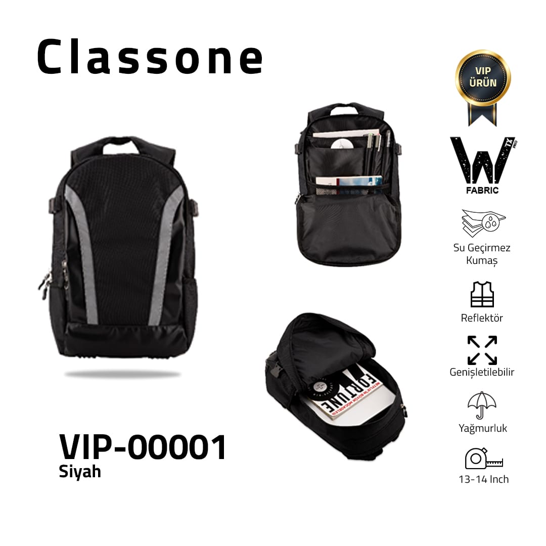 Classone VIP Travel Serisi VIP-00001 Reflektörlü 13-14 İnch Uyumlu WTX Pro Su Geçirmez Kumaş Laptop, Notebook Sırt Çantası