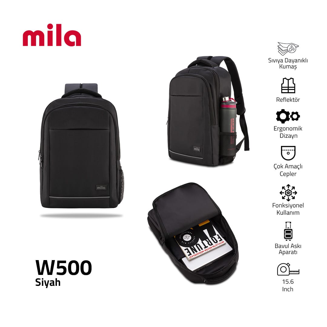 Classone W500 15.60 İnch Mila Serisi Ki3-01-003 Network 4 Serisi - Reflektörlü- Lenovo, Hp, Asu, Monster, Macbook, Mac Air Uyumlu Laptop Sırt Çantası - Siyah