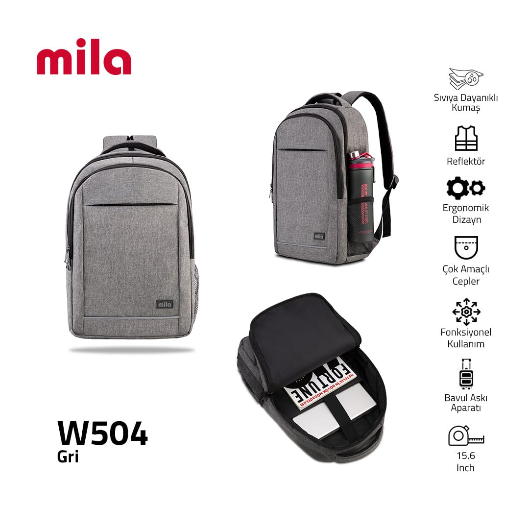 Classone W504 15.60 İnch Mila Serisi Ki3-01-003 Network 4 Serisi - Reflektörlü - Lenovo, Hp, Asu, Monster, Macbook, Mac Air Uyumlu Laptop Sırt Çantası - Gri