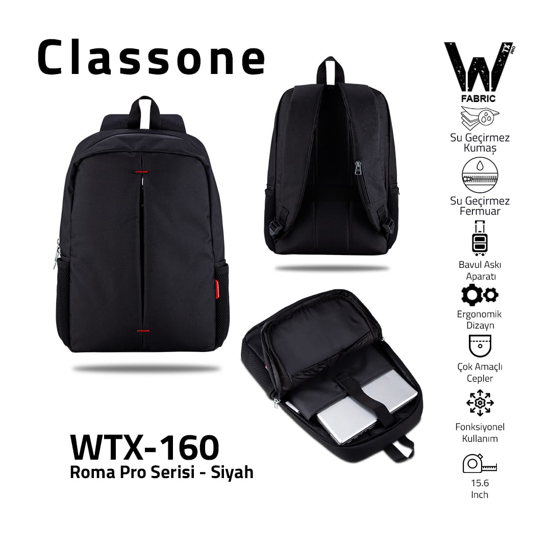 Classone WTX-160 Roma Pro Serisi WTXpro Su Geçirmez Kumaş, Su Geçirmez Fermuar 15.6 İnch Uyumlu Macbook, Laptop, Notebook Sırt Çantası –siyah