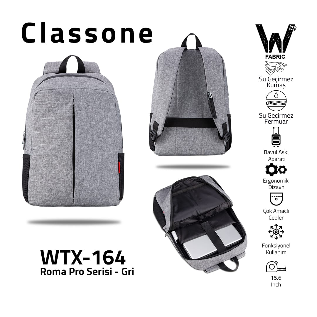 Classone WTX-164 Roma Pro Serisi WTXpro Su Geçirmez Kumaş, Su Geçirmez Fermuar 15.6 İnch Uyumlu Macbook, Laptop, Notebook Sırt Çantası –gri