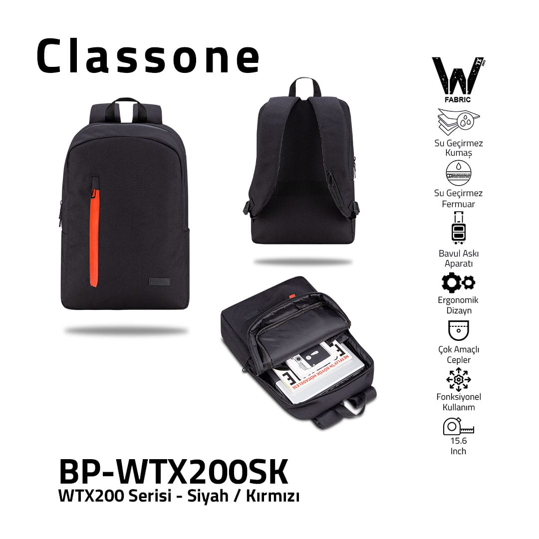 Classone WTX200SK Pro 15.6 İnch Uyumlu WTXpro Su Geçirmez Kumaş, Su Geçirmez Fermuar, Macbook , Laptop , Notebook Sırt Çantası –siyah/kırmızı