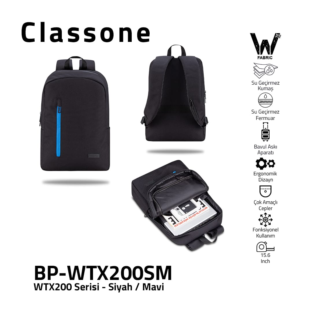 Classone WTX200SM Pro 15.6 İnch Uyumlu WTXpro Su Geçirmez Kumaş, Su Geçirmez Fermuar, Macbook , Laptop , Notebook Sırt Çantası –siyah/mavi