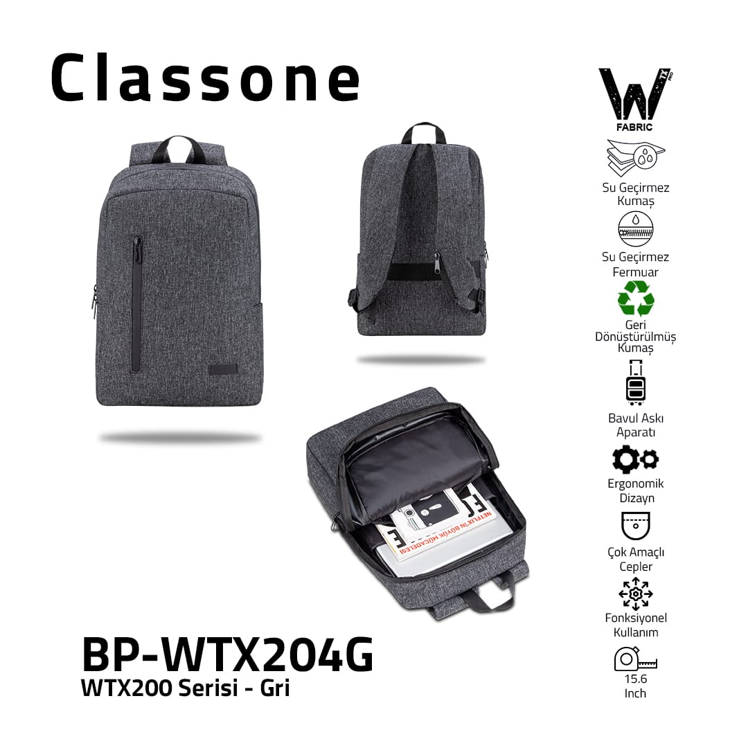 Classone WTX204G Pro 15.6 İnch Uyumlu WTXpro Su Geçirmez Kumaş, Su Geçirmez Fermuar, Geri Dönüştürülmüş Kumaş, Macbook , Laptop , Notebook Sırt Çantası –gri