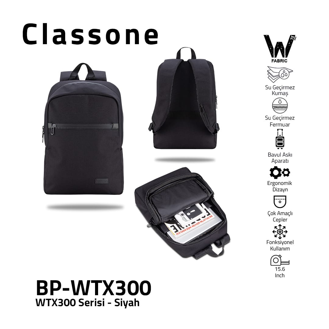 Classone WTX300 Pro 15.6 İnch, Su Geçirmez Kumaş Ve Su Geçirmez Fermuar Notebook, Laptop, Macbook Sırt Çantası -siyah
