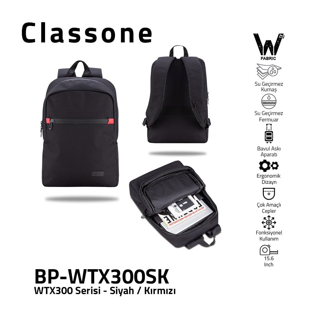 Classone WTX300SK Pro 15.6 İnch Uyumlu WTXpro Su Geçirmez Kumaş, Su Geçirmez Fermuar, Macbook , Laptop , Notebook Sırt Çantası –siyah/kırmızı