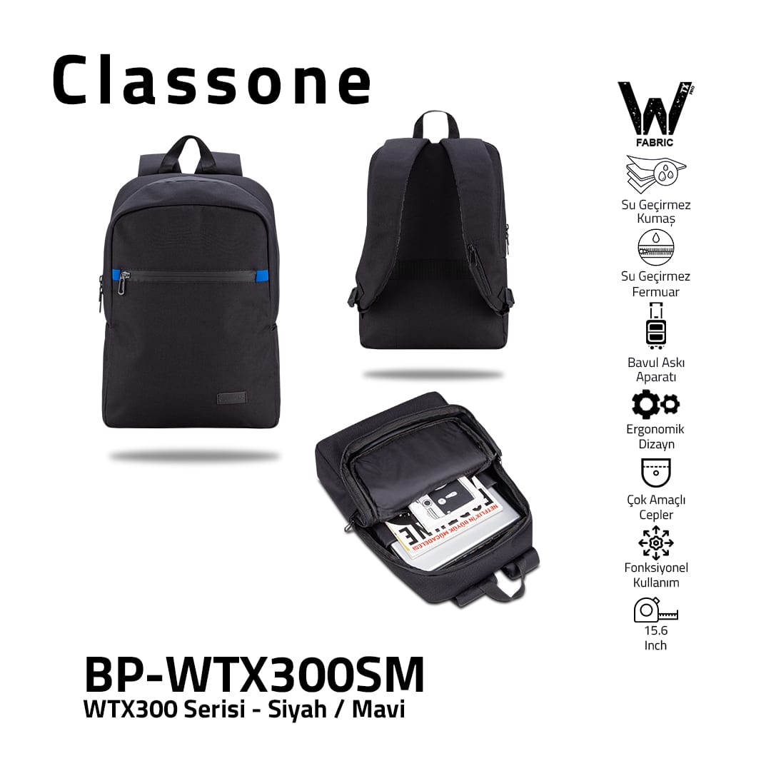 Classone WTX300SM Pro 15.6 İnch Uyumlu WTXpro Su Geçirmez Kumaş, Su Geçirmez Fermuar, Macbook , Laptop , Notebook Sırt Çantası –siyah/mavi