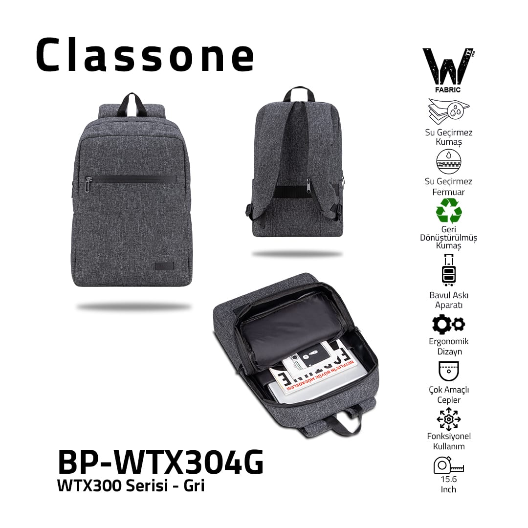 Classone WTX304G Pro 15.6 İnch Uyumlu WTXpro Su Geçirmez Kumaş, Su Geçirmez Fermuar, Geri Dönüştürülmüş Kumaş, Macbook , Laptop , Notebook Sırt Çantası –gri