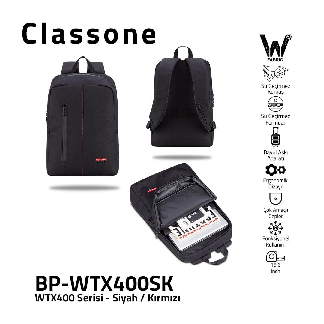 Classone WTX400SK Pro 15.6 İnch Uyumlu WTXpro Su Geçirmez Kumaş, Su Geçirmez Fermuar, Macbook , Laptop , Notebook Sırt Çantası –siyah/kırmızı