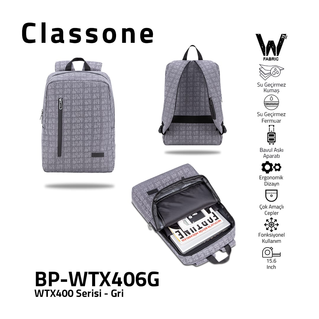 Classone WTX406G Pro 15.6 İnch Uyumlu WTXpro Su Geçirmez Kumaş, Su Geçirmez Fermuar, Macbook , Laptop , Notebook Sırt Çantası –gri