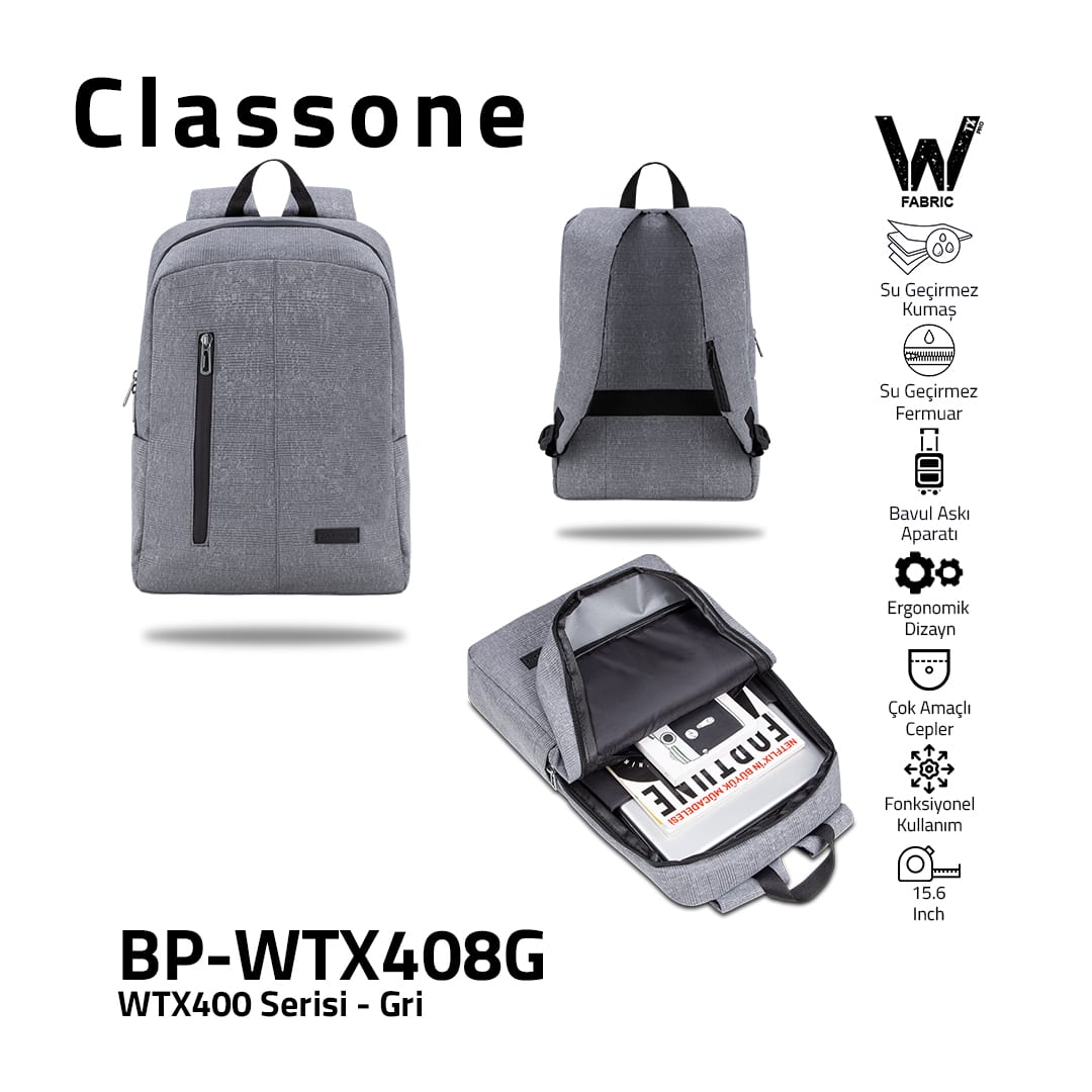 Classone WTX408G Pro 15.6 İnch Uyumlu WTXpro Su Geçirmez Kumaş, Su Geçirmez Fermuar, Macbook , Laptop , Notebook Sırt Çantası –gri