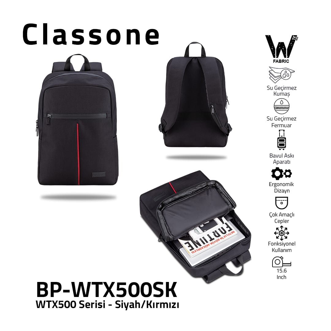 Classone WTX500SK Pro 15.6 İnch Uyumlu WTXpro Su Geçirmez Kumaş, Su Geçirmez Fermuar, Macbook , Laptop , Notebook Sırt Çantası –siyah/kırmızı