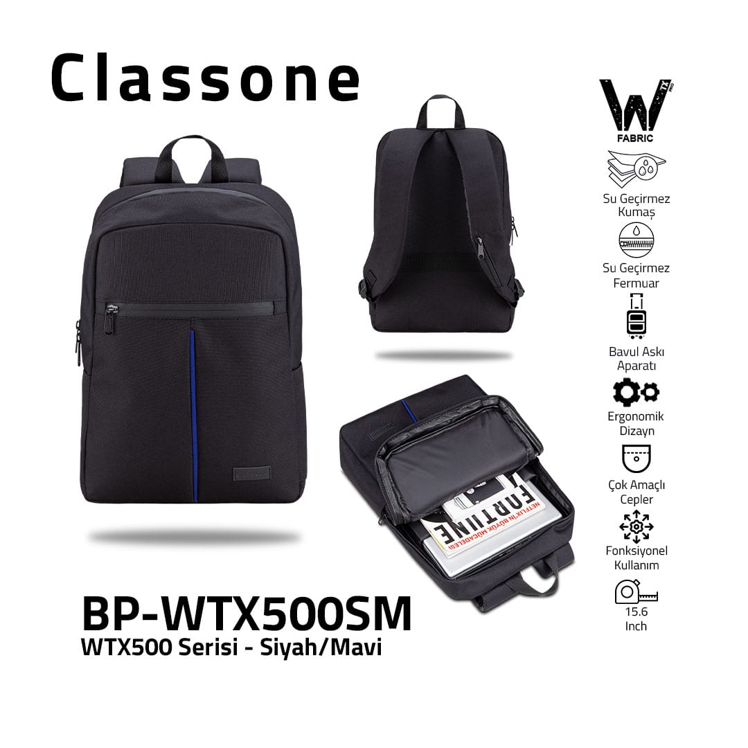 Classone WTX500SM Pro 15.6 İnch Uyumlu WTXpro Su Geçirmez Kumaş, Su Geçirmez Fermuar, Macbook , Laptop , Notebook Sırt Çantası –siyah/mavi