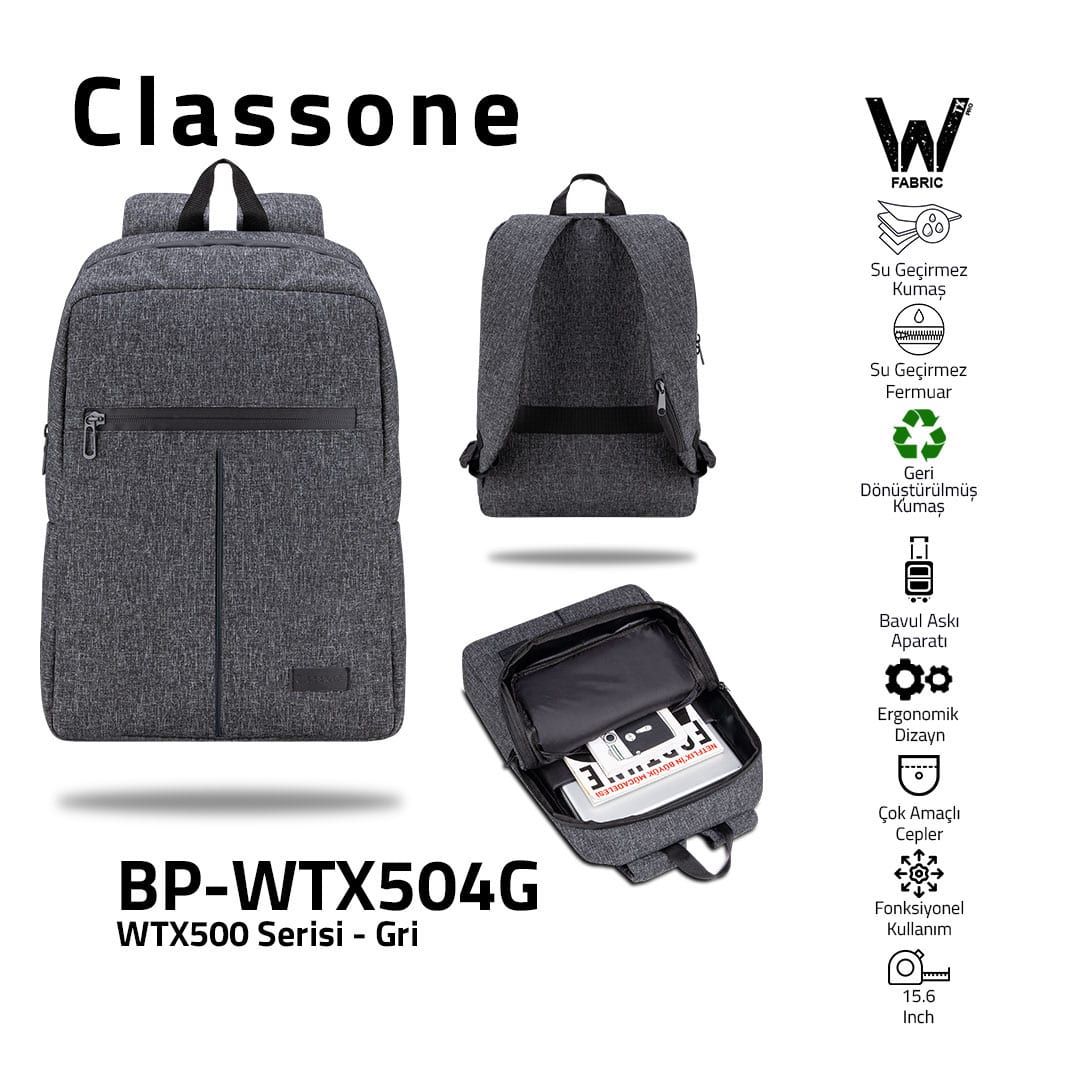 Classone WTX504G Pro 15.6 İnch Uyumlu WTXpro Su Geçirmez Kumaş, Su Geçirmez Fermuar, Macbook , Laptop , Notebook Sırt Çantası –gri
