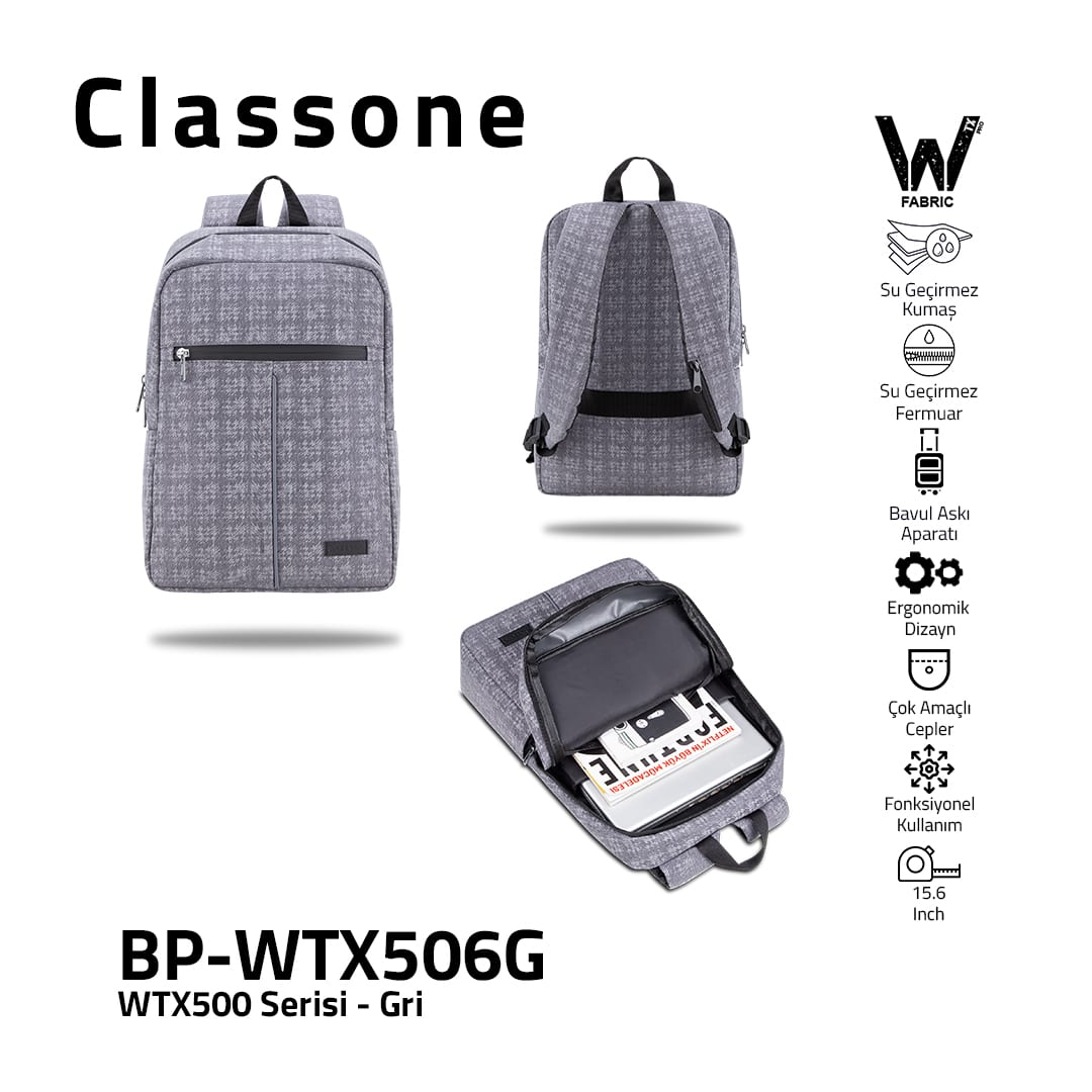 Classone WTX506G Pro 15.6 İnch Uyumlu WTXpro Su Geçirmez Kumaş, Su Geçirmez Fermuar, Macbook , Laptop , Notebook Sırt Çantası –gri