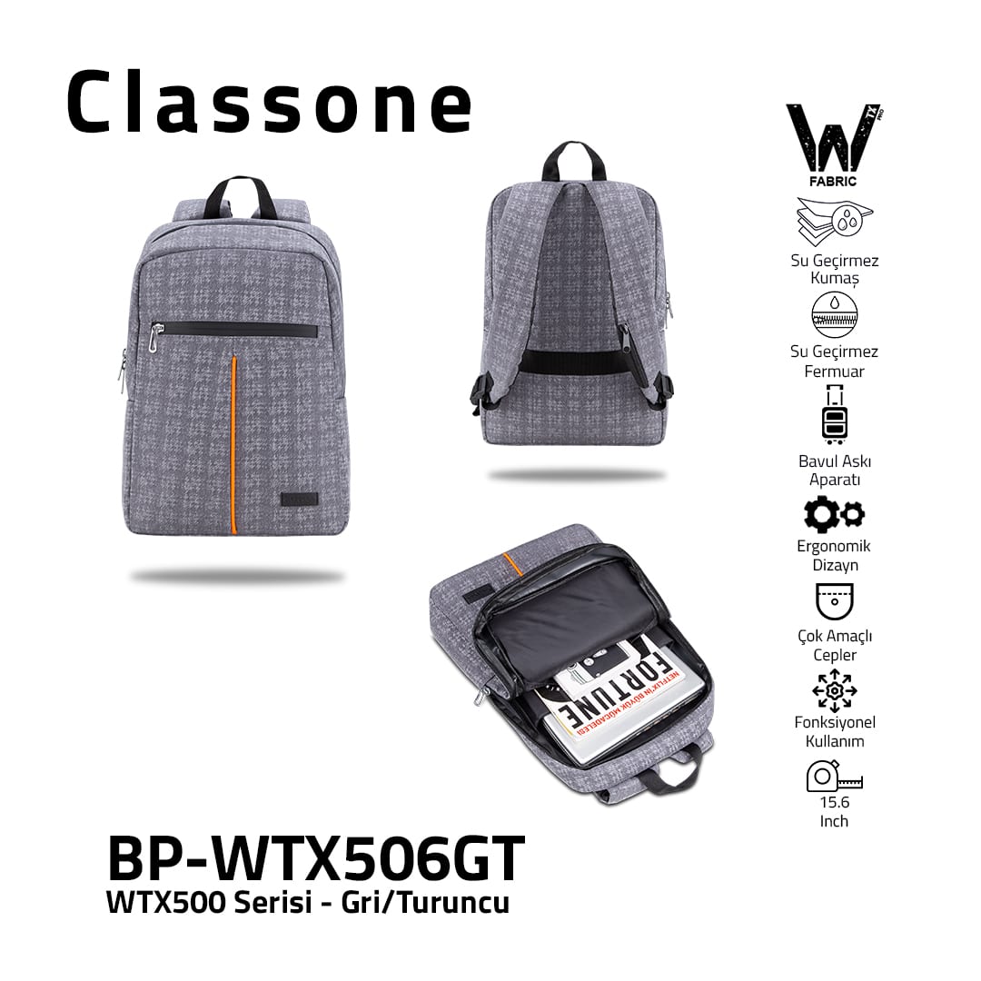 Classone WTX506GT Pro 15.6 İnch Uyumlu WTXpro Su Geçirmez Kumaş, Su Geçirmez Fermuar, Macbook , Laptop , Notebook Sırt Çantası -gri/turuncu