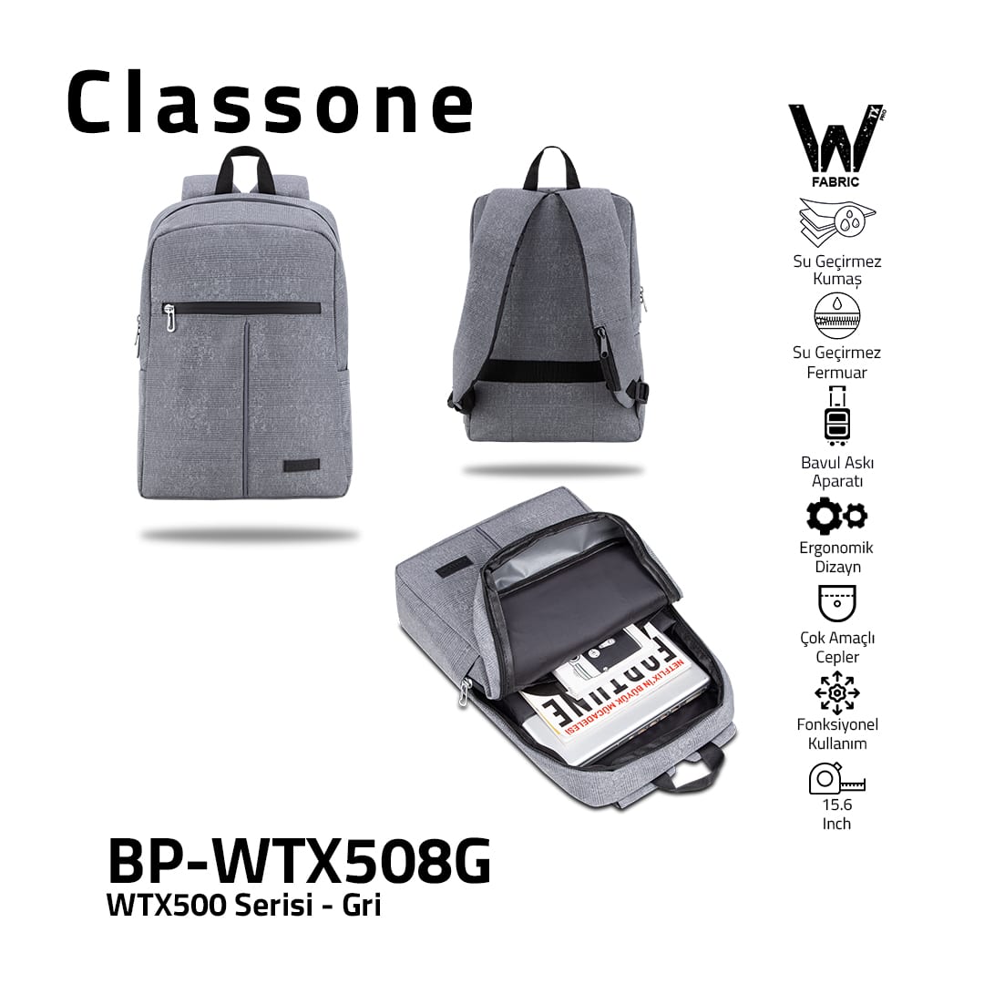 Classone WTX508G Pro 15.6 İnch Uyumlu WTXpro Su Geçirmez Kumaş, Su Geçirmez Fermuar, Macbook , Laptop , Notebook Sırt Çantası –gri