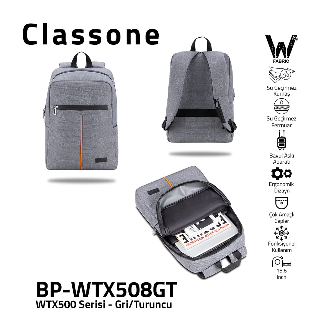 Classone WTX508GT Pro 15.6 İnch Uyumlu WTXpro Su Geçirmez Kumaş, Su Geçirmez Fermuar, Macbook , Laptop , Notebook Sırt Çantası -gri/turuncu
