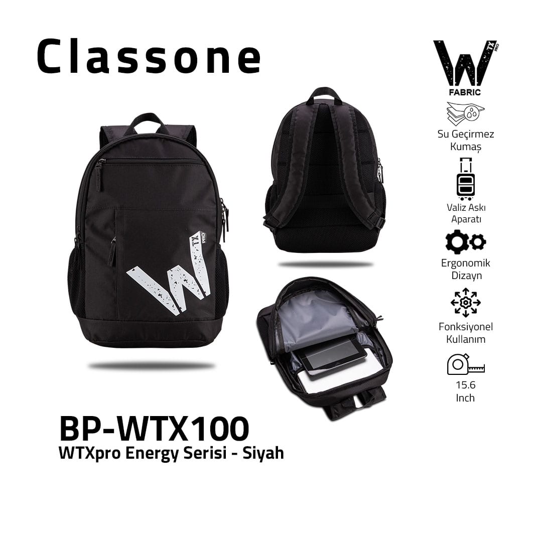 Classone WTXpro Energy Serisi BP-WTX100 15.6 İnch Uyumlu Macbook, Laptop , Notebook Sırt Çantası- Siyah
