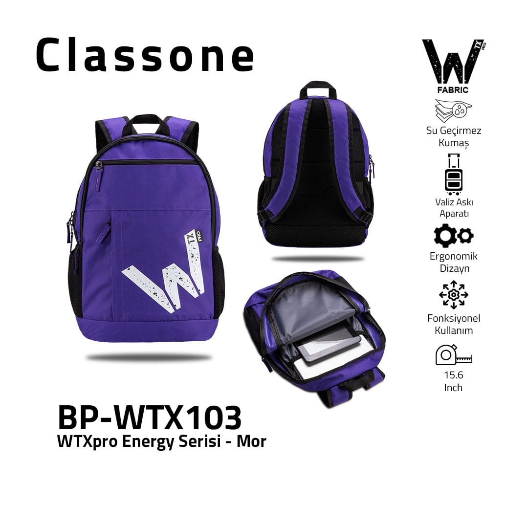 Classone WTXpro Energy Serisi BP-WTX103 15.6 İnch Uyumlu Macbook, Laptop , Notebook Sırt Çantası- Mor