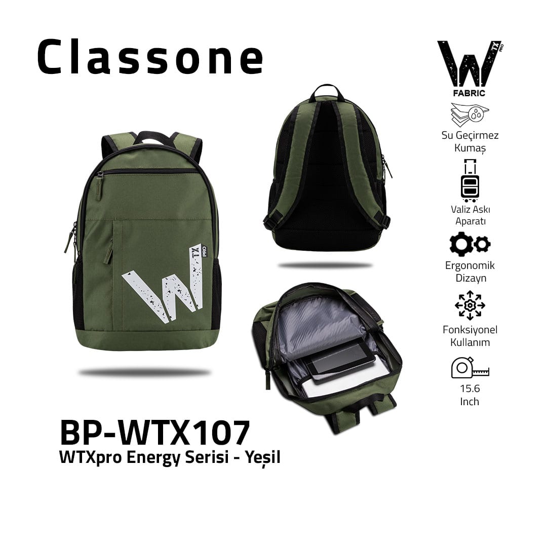 Classone WTXpro Energy Serisi BP-WTX107 15.6 İnch Uyumlu Macbook, Laptop, Notebook Sırt Çantası - Yeşil