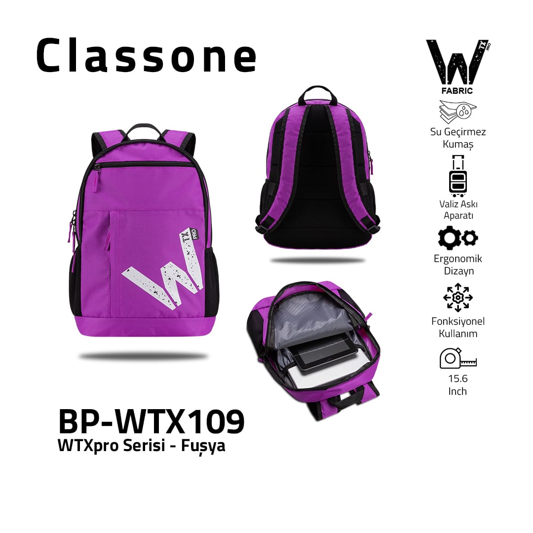 Classone WTXpro Energy Serisi BP-WTX109 15.6 İnch Uyumlu Macbook, Laptop , Notebook Sırt Çantası- Fuşya