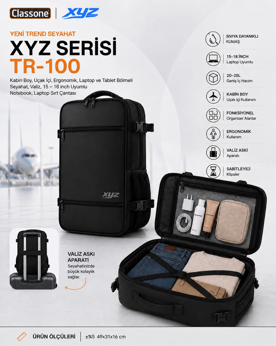 Classone XYZ Serisi TR-100 Kabin Boy , Uçak İçi , Ergonomik, Laptop Ve Tablet Bölmeli, Seyahat, Valiz, 15 -18 İnch Uyumlu Notebook, Laptop Sırt Çantası