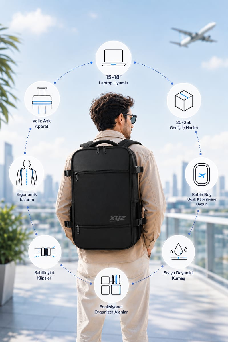 Classone XYZ Serisi TR-100 Kabin Boy , Uçak İçi , Ergonomik, Laptop Ve Tablet Bölmeli, Seyahat, Valiz, 15 -18 İnch Uyumlu Notebook, Laptop Sırt Çantası