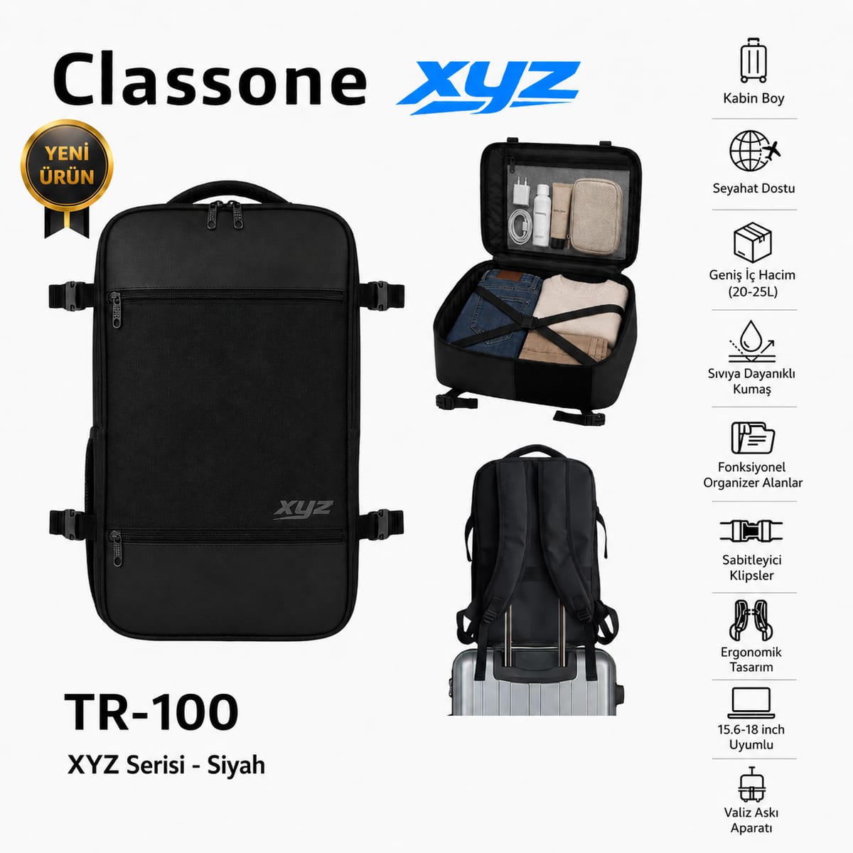 Classone XYZ Serisi TR-100 Kabin Boy , Uçak İçi , Ergonomik, Laptop Ve Tablet Bölmeli, Seyahat, Valiz, 15 -18 İnch Uyumlu Notebook, Laptop Sırt Çantası