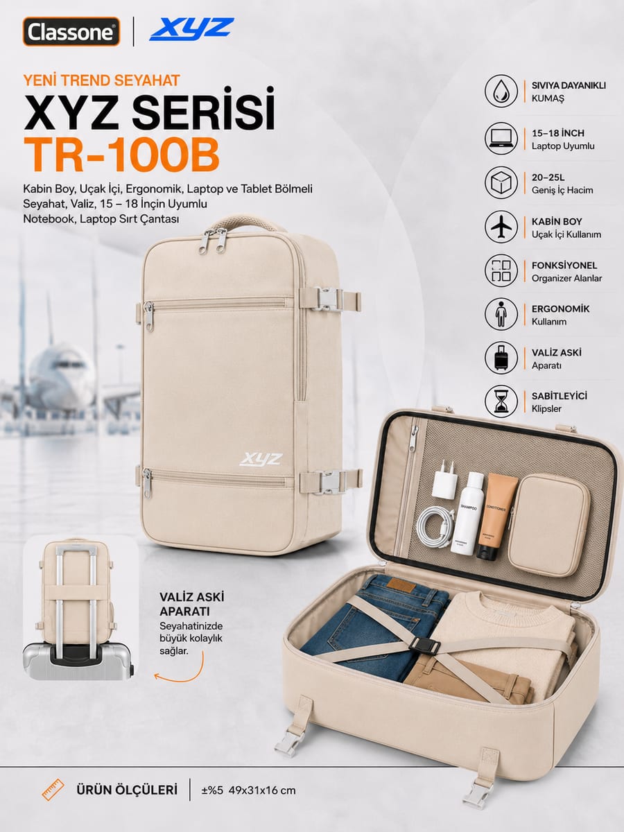 Classone XYZ Serisi TR-100B Kabin Boy , Uçak İçi , Ergonomik, Laptop Ve Tablet Bölmeli, Seyahat, Valiz, 15 -18 İnch Uyumlu Notebook, Laptop Sırt Çantası - Bej